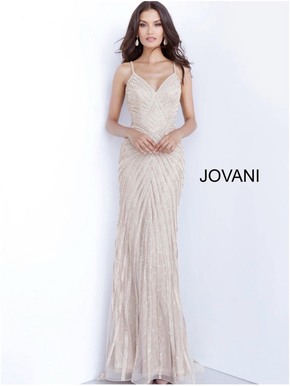 Jovani Gold Beaded V‑Neck Evening Gown 03095